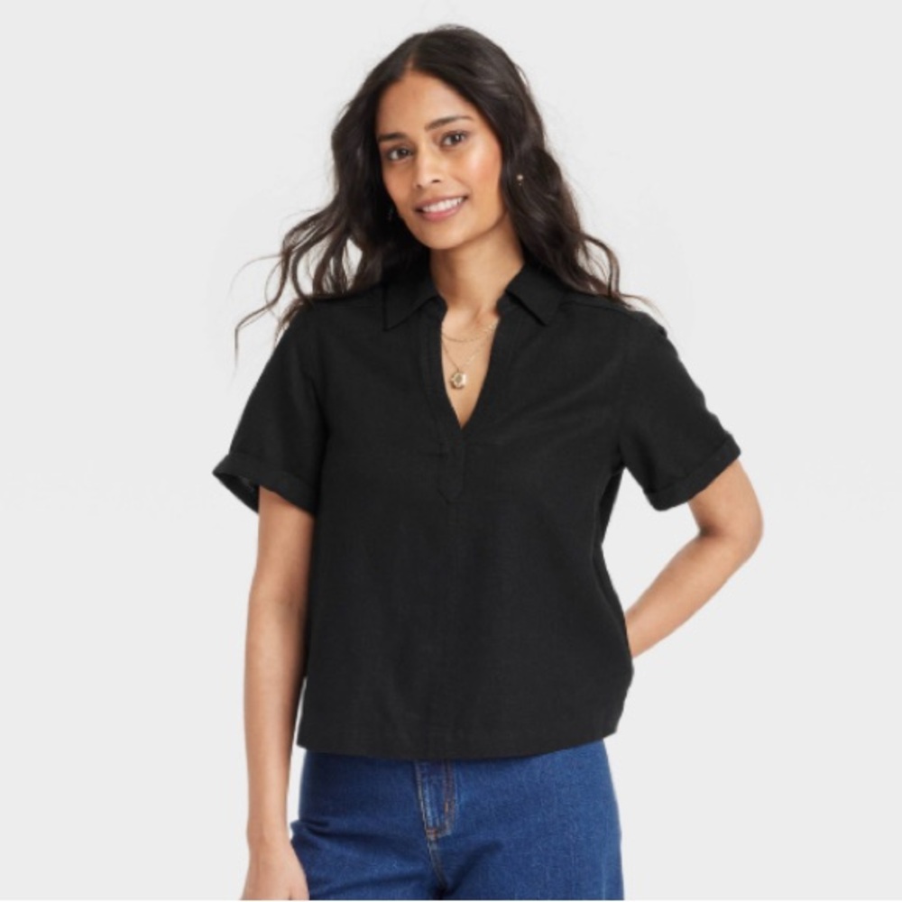 Universal Thread Womens Linen Blend Short Sleeve Black Popover Top XS New - Picture 2 of 8
